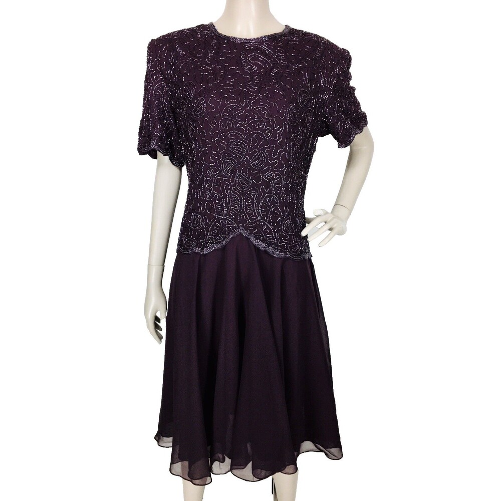 Vintage Brilliante by J.A. Beaded Tiered Wine Chiffon Skirt Formal Sheath Dress